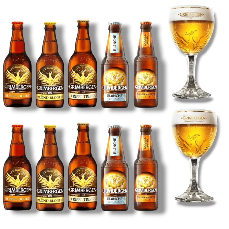Grimbergen Geschenkset mit Glas – 5 Sorten belgisches Klosterbier + Originalglas