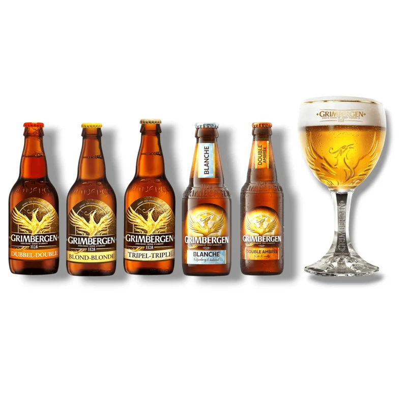 Grimbergen Geschenkset mit Glas – 5 Sorten belgisches Klosterbier + Originalglas