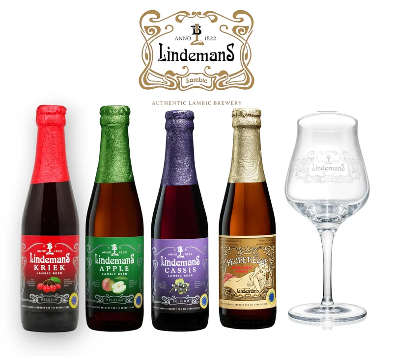Lindemans Fruchtbier Mixpaket 0,25 l + Originalglas – Kriek, Apple, Cassis, Pecheresse