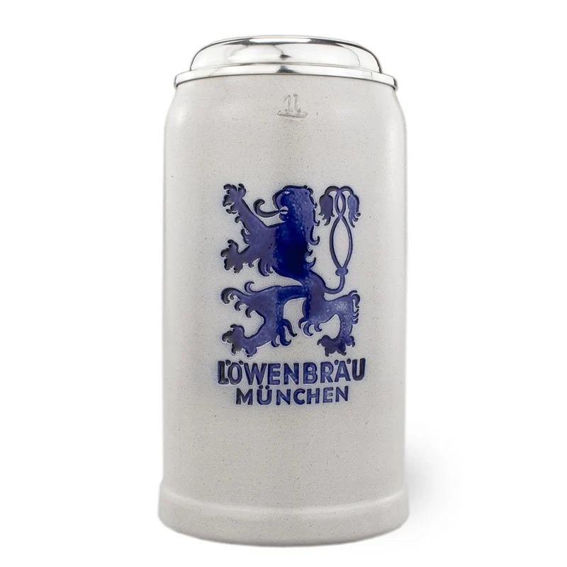 Steinkrug "Löwenbräu" salzglasiert mit Zinndeckel
