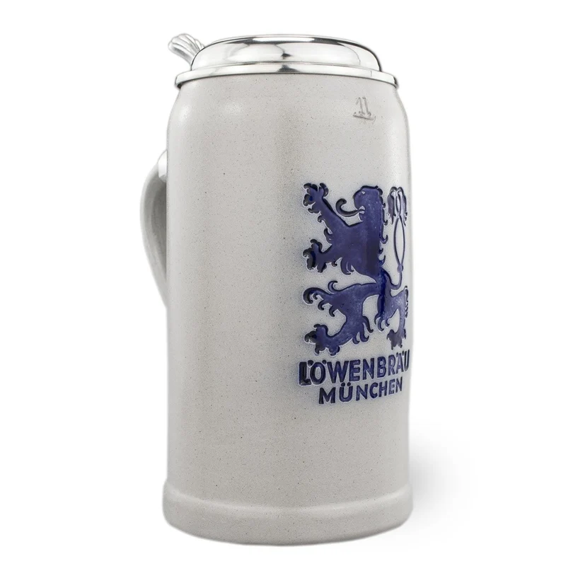 Steinkrug "Löwenbräu" salzglasiert mit Zinndeckel