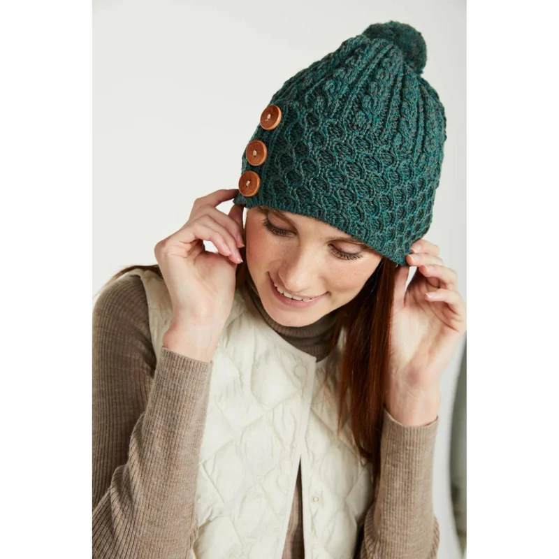 Women's Aran Bauble Forest Green Hat