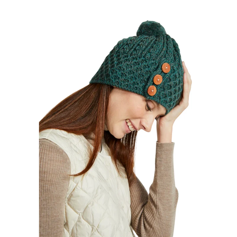 Women's Aran Bauble Forest Green Hat