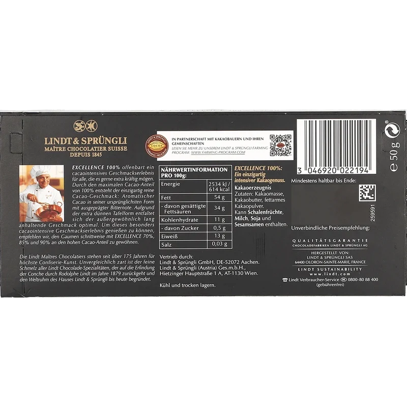 Lindt Excellence 100% 100G PCK