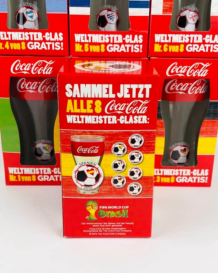 8 x Coca Cola Gläser / WM 2014 Brasil / Alle Weltmeister Gläser von 1 bis 8