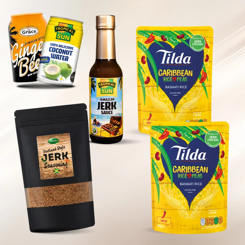 Jerk Chicken & Rice and Peas Bundle + gratis Drinks
