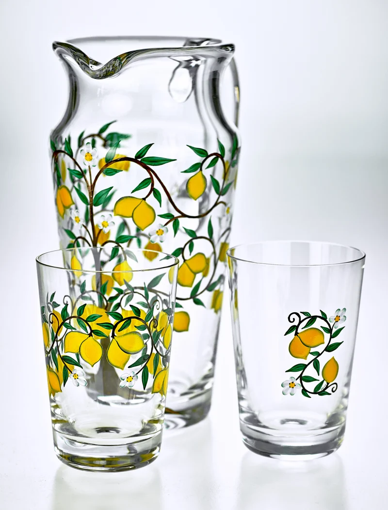 OLIVIA Becher, klares Glas, 125 mm, kleine Malerei 'Zitrone'