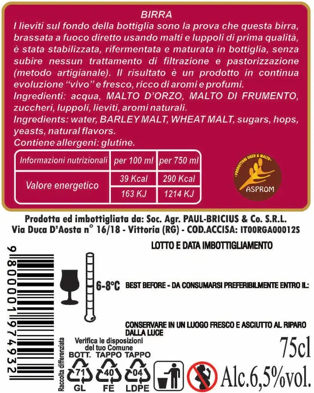 Paul Bricius Red Strong Ale 7% vol due formati, 33 Cl e 75 Cl