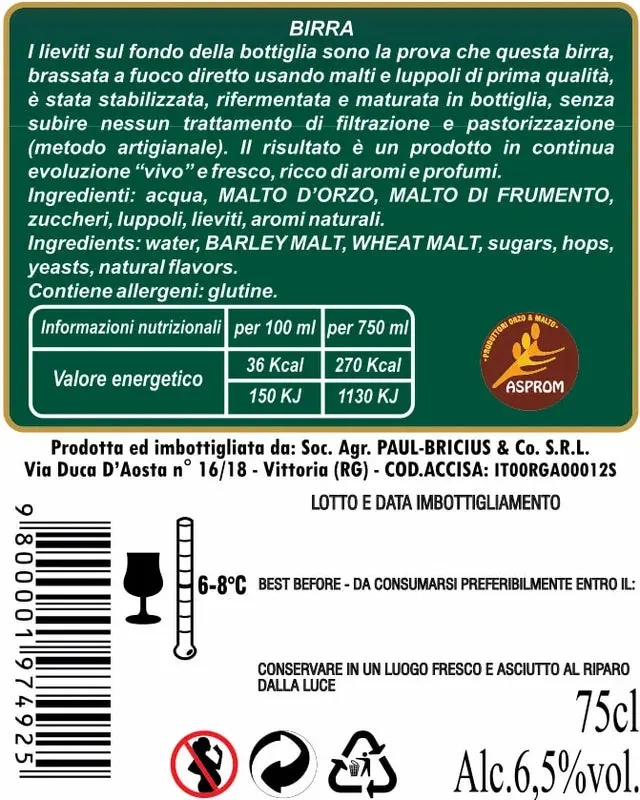 Paul Bricius Special Ale 6.5% vol due formati, 33 Cl e 75 Cl