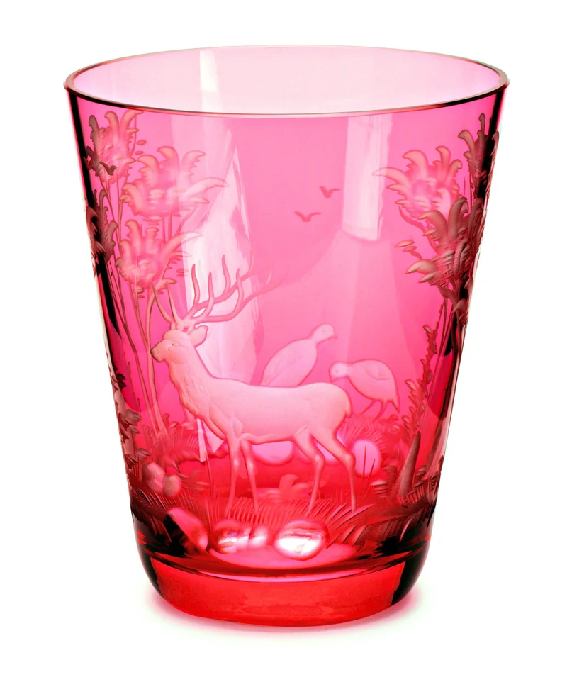 SCHLIERSEE rubin, Gravur 'Hirsch & Rebhuhn' - Becher 107 mm