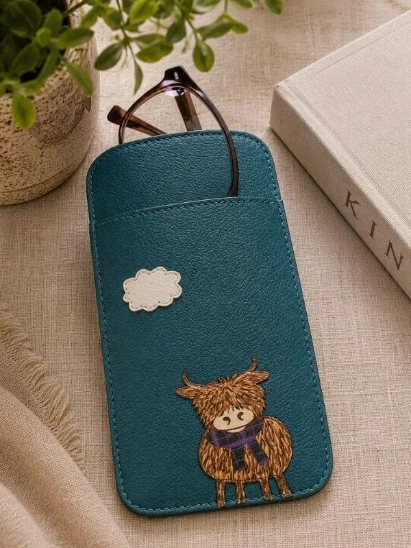 Mala Leather Bella Highland Cow Soft Leather Glasses Case In Teal