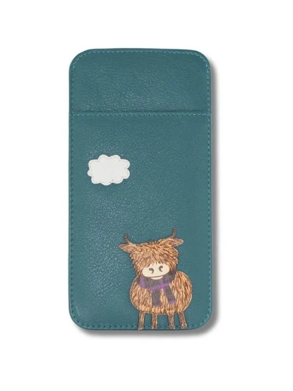 Mala Leather Bella Highland Cow Soft Leather Glasses Case In Teal
