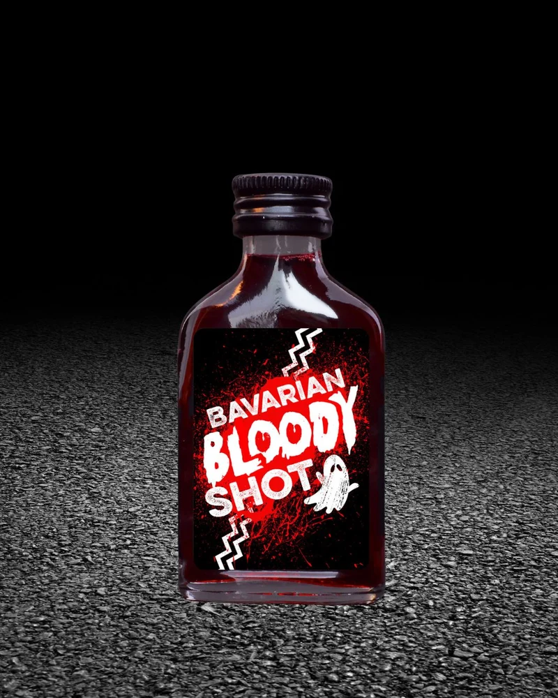 I WUI AN KURZN – Bayerischer Haskap-Likör Partyshot | 24 x 0,02 ml | Bloody Shot | I WUI AN KURZN im Halloween-Design