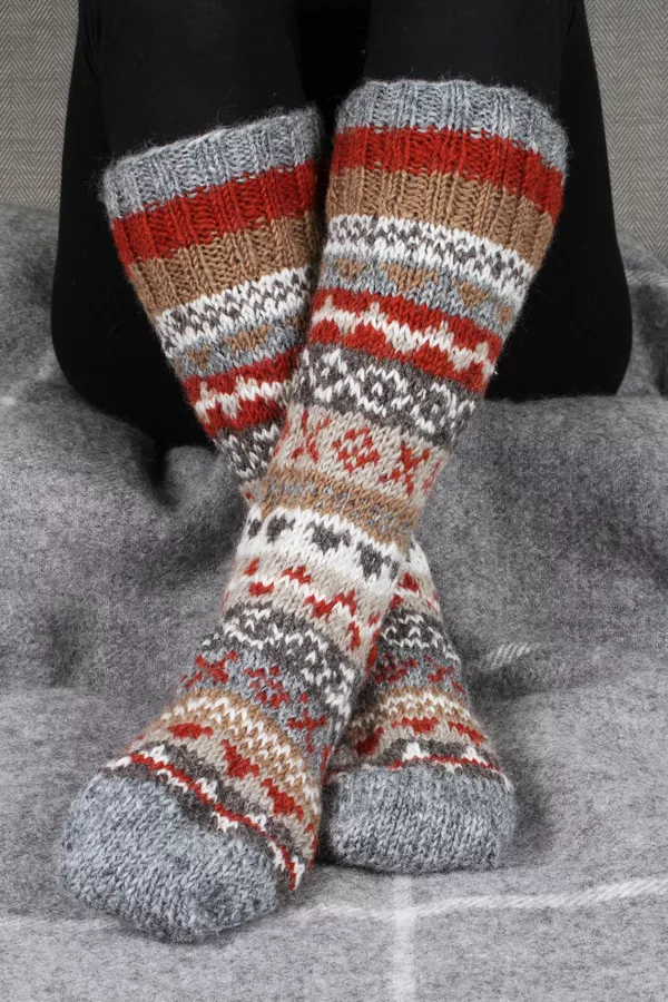 Grey Fair Isle Wool Knee Socks