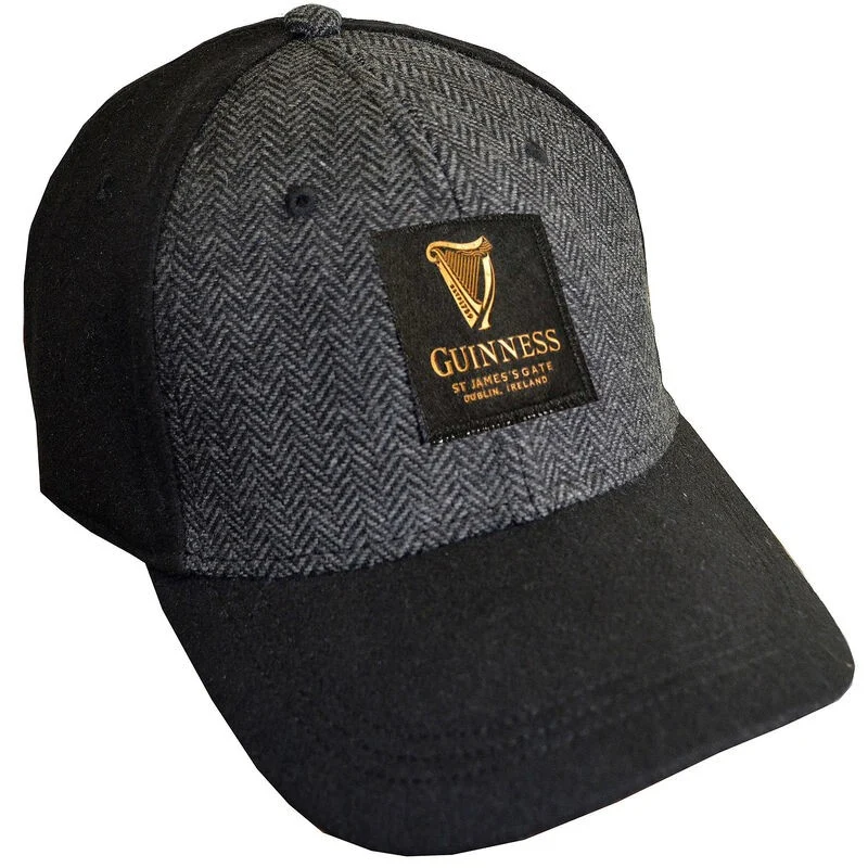 Guinness Baseball Cap – Grey Herringbone & Black Snapback Hat with St. James’s Gate Patch