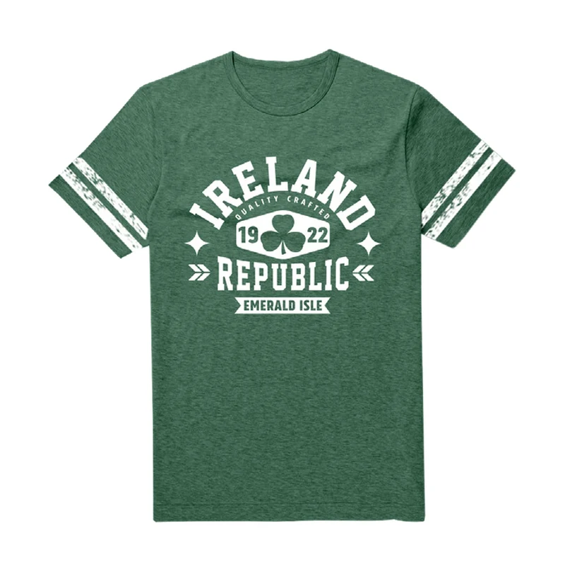 🍀 Ireland Vintage Graphic T-Shirt – Shamrock & 1988 Crest, Striped Sleeve Irish Tee, Emerald Isle Gift