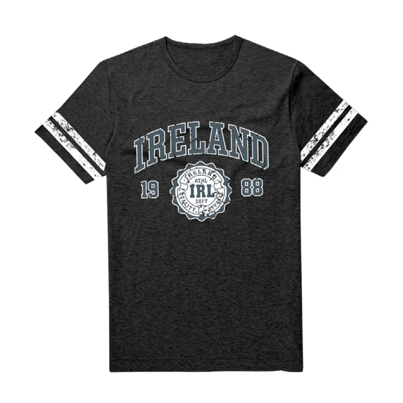 🍀 Ireland Vintage Graphic T-Shirt – Shamrock & 1988 Crest, Striped Sleeve Irish Tee, Emerald Isle Gift