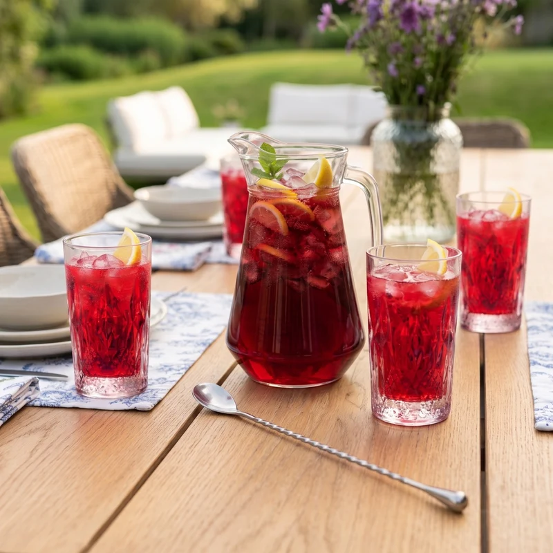 Cocktail-Set Rote Annie - Karaffe 1,6 L mit 6 Longdrinkgläsern 490 ml, Barlöffel & Eiswürfelform