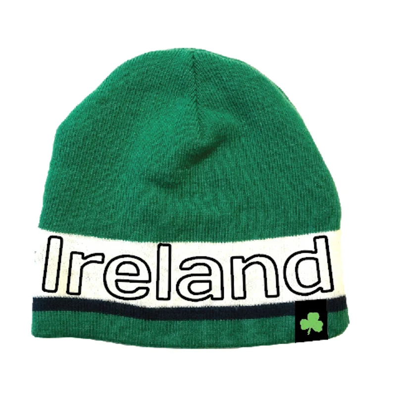 Ireland Stripe Beanie – Classic Knit Hat with Shamrock Detail