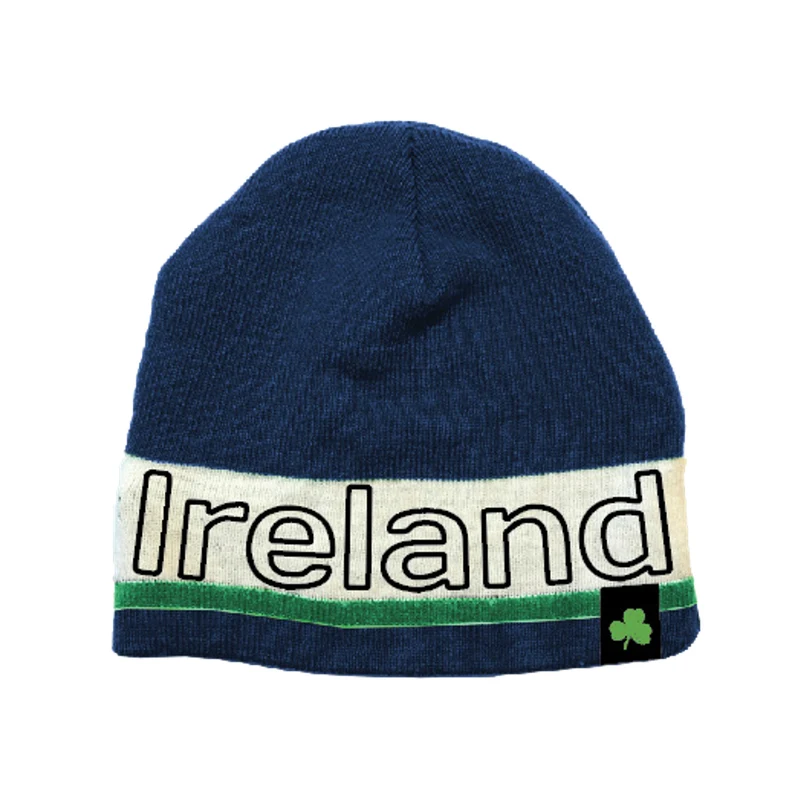 Ireland Stripe Beanie – Classic Knit Hat with Shamrock Detail