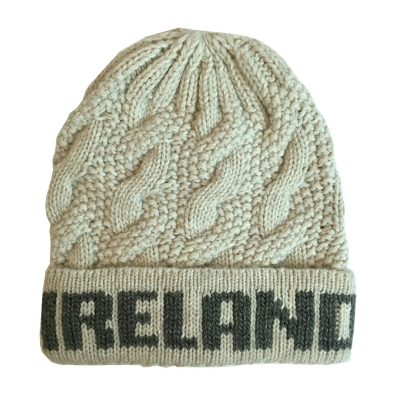 Ireland Cable Knit Beanie – Chunky Winter Hat with Cuffed Logo