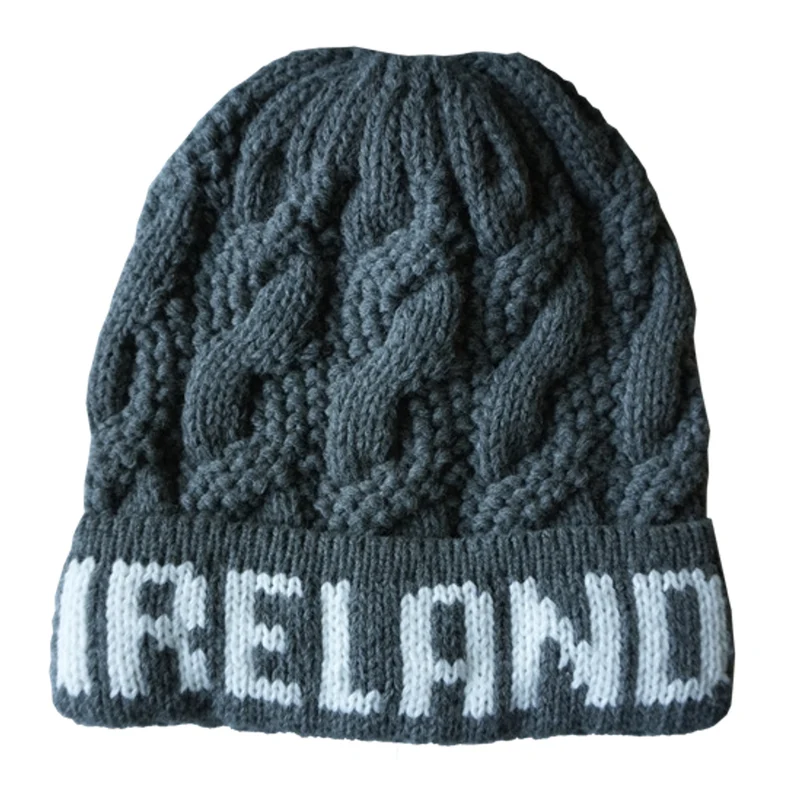 Ireland Cable Knit Beanie – Chunky Winter Hat with Cuffed Logo