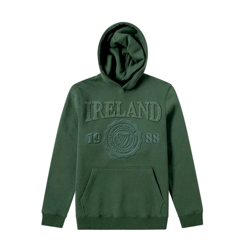 Ireland Embossed Hoodie – Minimalist Vintage Crest Pullover (100% Cotton, Unisex)