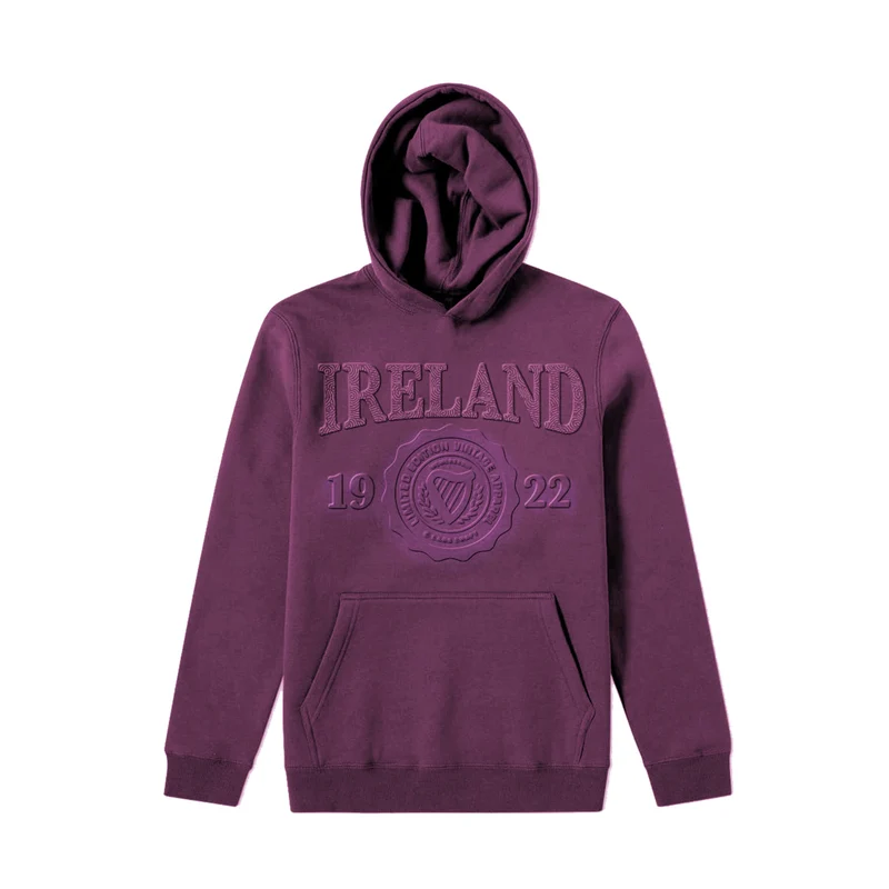 Ireland Embossed Hoodie – Minimalist Vintage Crest Pullover (100% Cotton, Unisex)