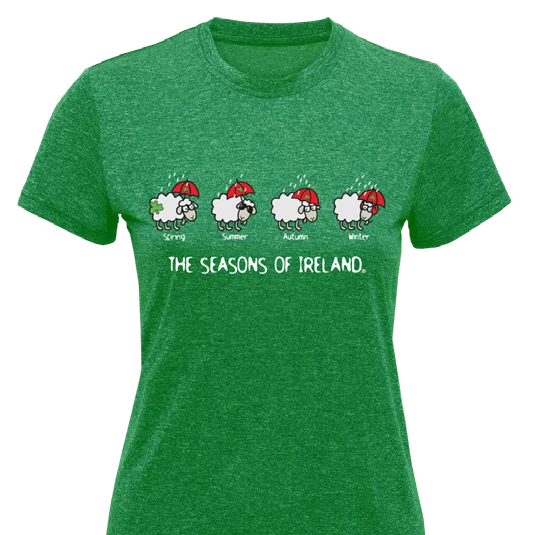 The Seasons of Ireland T-Shirt – Funny Irish Weather Sheep Tee | Irish Humor Gift | Rainy Ireland Shirt