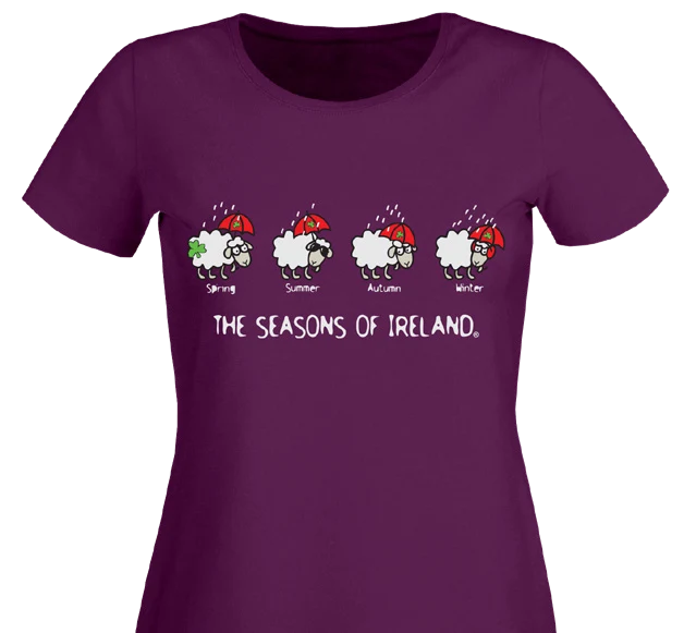 The Seasons of Ireland T-Shirt – Funny Irish Weather Sheep Tee | Irish Humor Gift | Rainy Ireland Shirt