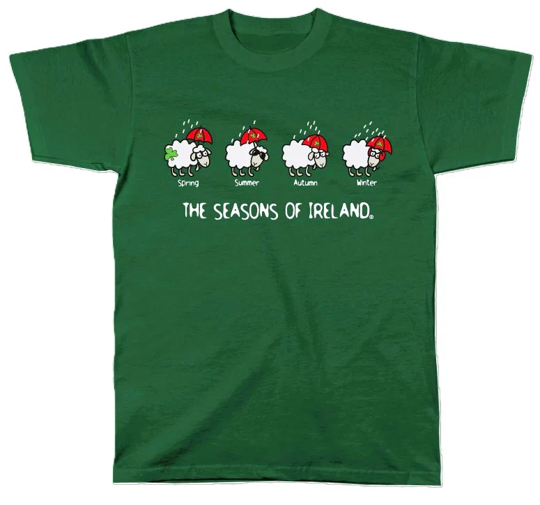 The Seasons of Ireland Men’s T-Shirt – Funny Irish Weather Sheep Shirt | Irish Humor Tee