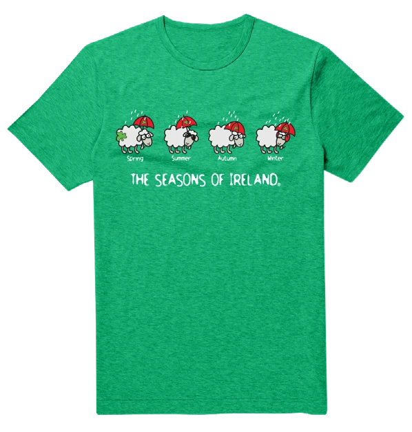 The Seasons of Ireland Men’s T-Shirt – Funny Irish Weather Sheep Shirt | Irish Humor Tee
