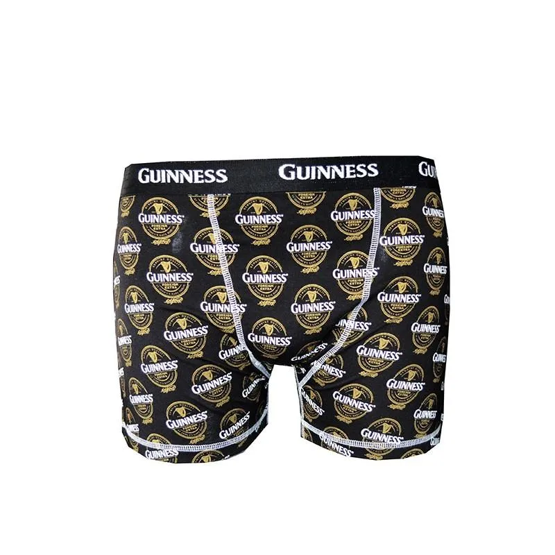 Guinness Men’s Boxer Shorts – Black & Gold All-Over Logo Print