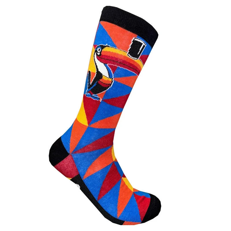 Toucan Crew Socks – Colorful Geometric Pattern with Tropical Bird Design