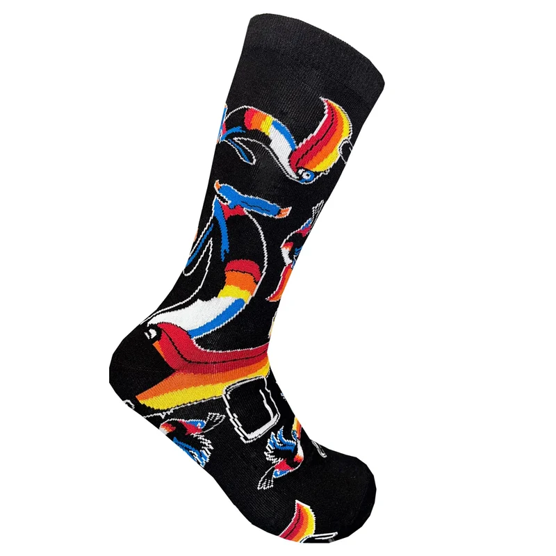 Toucan Crew Socks – Black with Colorful Tropical Bird Design