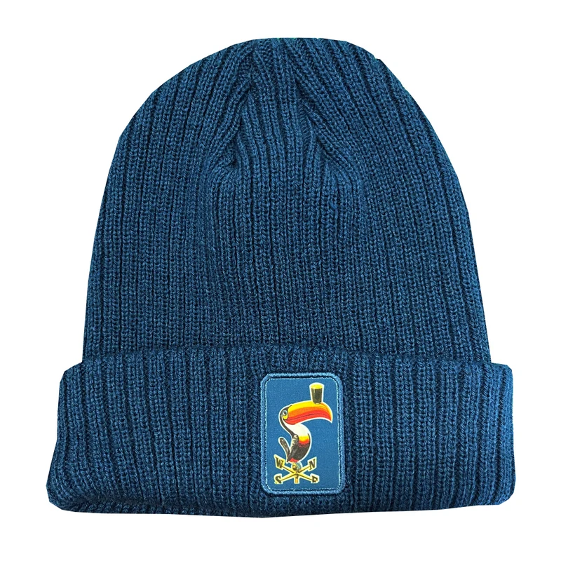 Guinness Knitted Ribbed Turn Up Beanie Hat, Airforce Blue, with Toucan logo