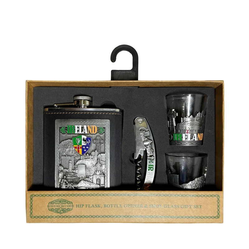 Hip Flask Gift Set with Metal Shot Glasses & Bottle Opener