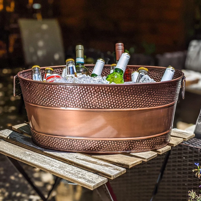 BREKX Heavy-Duty Copper Finish Beverage Tub with Stand for Parties, Large