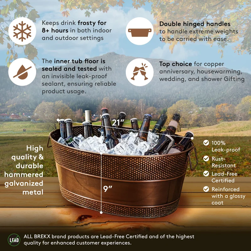 BREKX Heavy-Duty Copper Finish Beverage Tub with Stand for Parties, Large