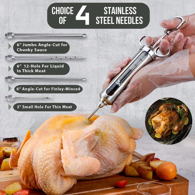 Professional Meat Injector Marinade Syringe Kit for Smoking & Grilling Turkey, Brisket & BBQ - Large 2 Oz Visible Stainless Steel Capacity - Never Leaks or Clogs + Safe Grill Cleaner & Flavor Brush