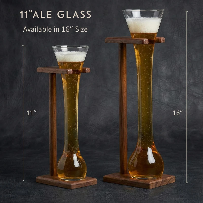 Bey-Berk Personalized Quarter Yard of Ale Glass with Wooden Stand, 12 oz Long Beer Glass and Engravable Solid Wood Base