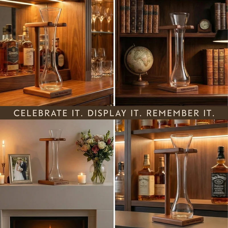Bey-Berk Personalized Quarter Yard of Ale Glass with Wooden Stand, 12 oz Long Beer Glass and Engravable Solid Wood Base