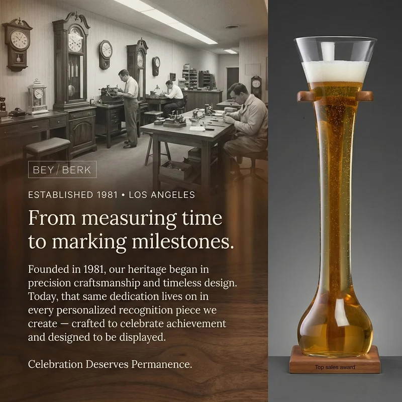 Bey-Berk Personalized Quarter Yard of Ale Glass with Wooden Stand, 12 oz Long Beer Glass and Engravable Solid Wood Base