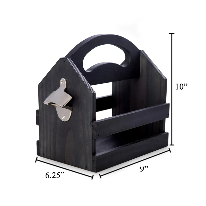 Bey-Berk Personalized Solid Wood Beer Caddy (Black), Six-Pack Bottle Carrier with Curved Handle, Built-in Bottle Opener and Custom Laser Etched Front