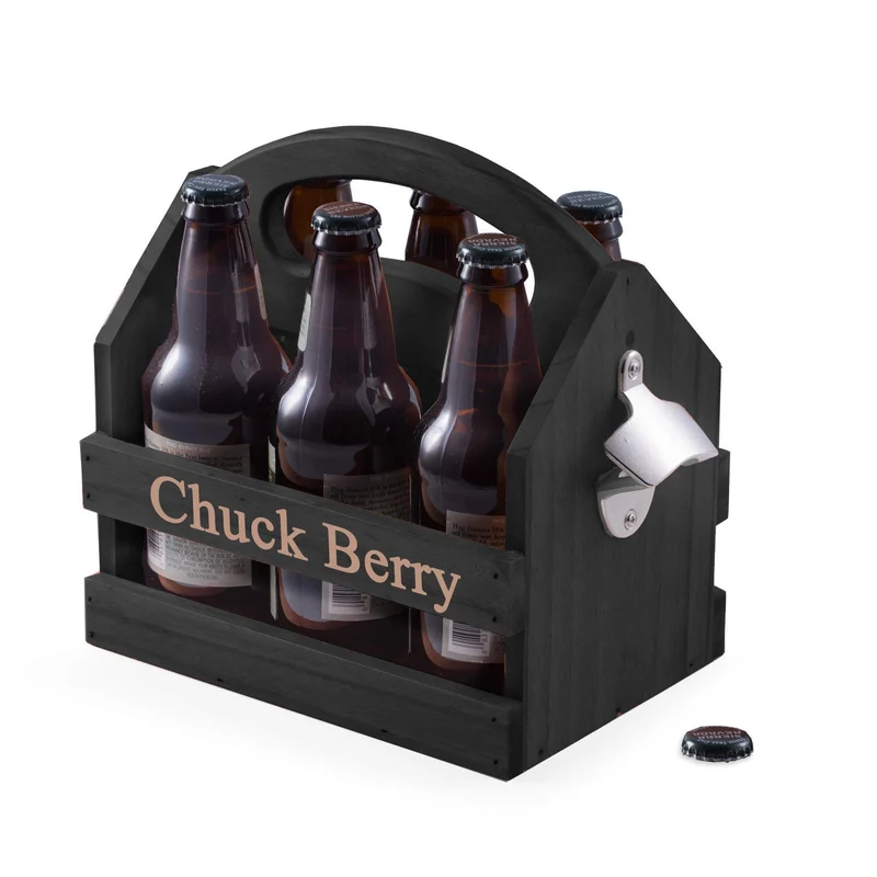 Bey-Berk Personalized Solid Wood Beer Caddy (Black), Six-Pack Bottle Carrier with Curved Handle, Built-in Bottle Opener and Custom Laser Etched Front