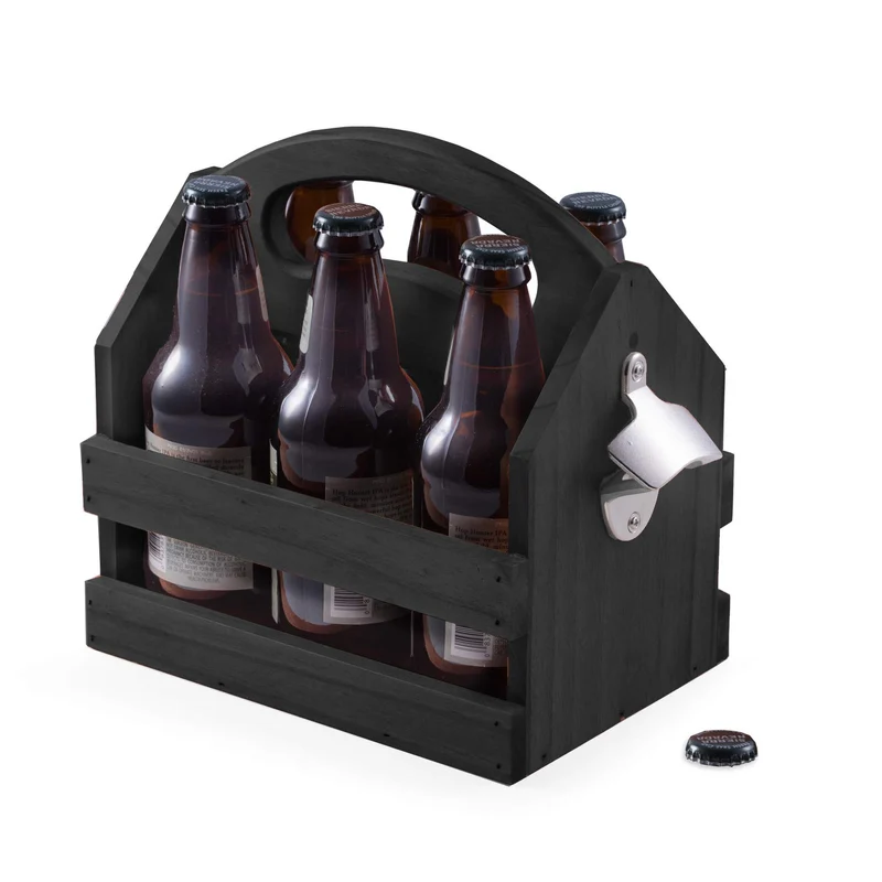 Bey-Berk Personalized Solid Wood Beer Caddy (Black), Six-Pack Bottle Carrier with Curved Handle, Built-in Bottle Opener and Custom Laser Etched Front