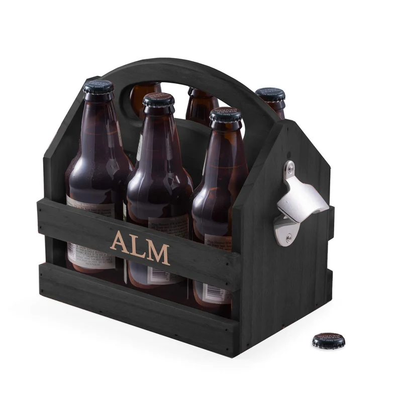 Bey-Berk Personalized Solid Wood Beer Caddy (Black), Six-Pack Bottle Carrier with Curved Handle, Built-in Bottle Opener and Custom Laser Etched Front