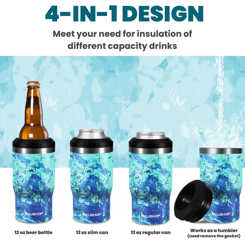 HAUSHOF Can Cooler, 12 oz Slim Can Cooler, 4 in 1 Insulated Beer Can Cooler, Fits for 12 oz Standard Can, Slim Can & Beer Bottle, Perfect for Camping, Beach, Picnic