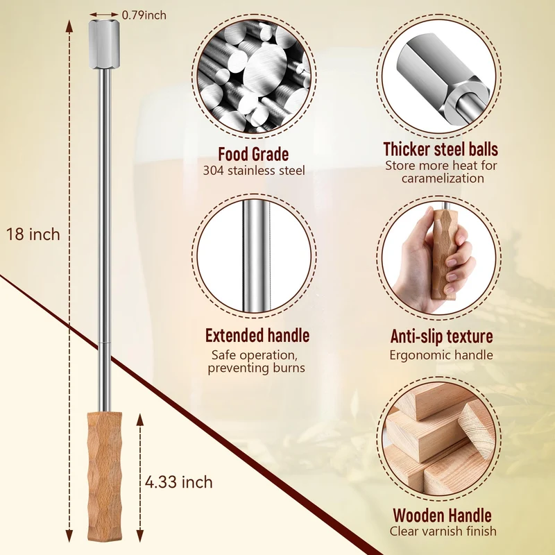 Avenuebool Beer Caramelize Poking Tool, Novelty Beer Accessories Food Grade 304 Stainless Steel Rod with Wood Handle, for Camping, Home Brewing, Campfire Unique Gift for Men, Boyfriends, Dads