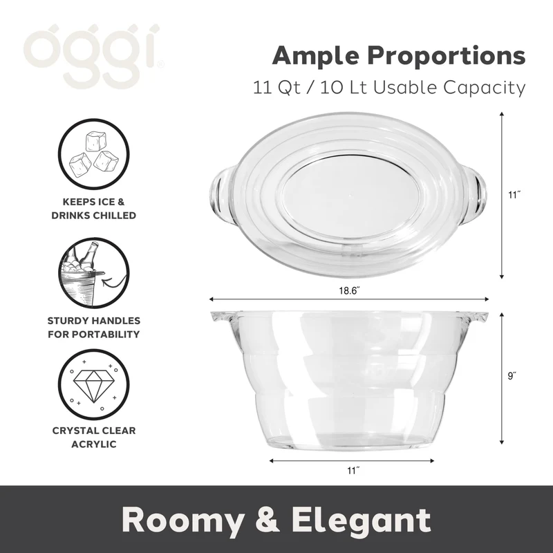 OGGI Acrylic Oval Party Tub - Clear Beverage Cooler w/Handles, Wine Cooler, Beer Chiller, Ideal Party Tubs for Drinks, Use Ice Tub for Indoor or Outdoor Bars, 18.5" x 11"